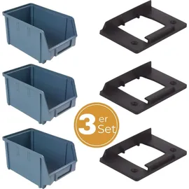 GarPet Stapelboxen Schraubenbox Lagerboxen Stapelboxen Werkstatt Sichtlagerboxen klein groß Set Wandhalterung Wand 3x Stapelbox Gr.3 + 3x Kunststoffhalter