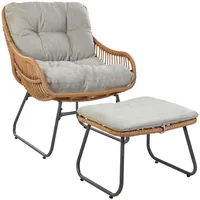 Gartensessel mit Fußhocker Polyrattan natürlich Auflagen Kissen grau Mestre