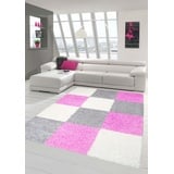 Shaggy Teppich Hochflor Langflor Teppich Wohnzimmer Teppich Gemustert in Karo Design Pink Grau Creme Größe 140x200 cm