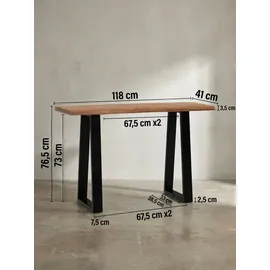 KADIMA DESIGN Schreibtisch Massivholz Industriell 118x41 cm Akazie Live-Edge Goldbraun-Schwarz Schmal | Platzsparend Weser Kollektion Kadima Design