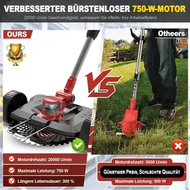 Aorsher Akku Rasentrimmer mit 2× 4000mAh Akkus 21V, 750W Bürstenloser Motor