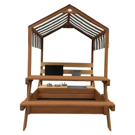 Axi Bo Sandkasten & Spielhaus aus Holz mit Spielküche, Dach und Picknicktisch - Braun | Sandkasten inklusive 6-teiligem Zubehörset | Mit Bodenpla... | Braun