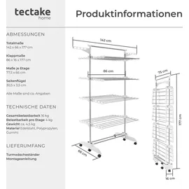 Tectake tectake® Turmwäscheständer Odelia klappbar, 6 drehbare Doppelrollen mit Feststellbremsen