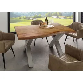 Massivmoebel24 Baumtisch Akazie 140 x 90 x 77 cm natur lackiert/silber matt