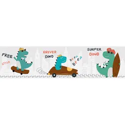 Bordüre A.S. CRÉATION "Cool Dino", grau (grau braun türkisgrün), B:0,16m L:5m, Papier, Tapeten, Tapete Kinder Borte Wohnzimmer Schlafzimmer Küche Design Kinderzimmer