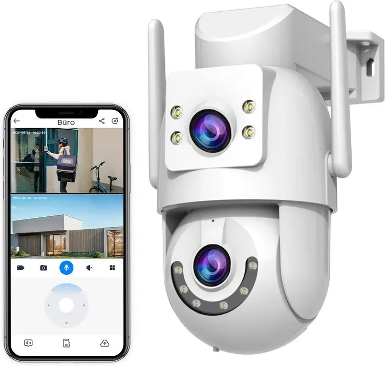 JOOAN Outdoor-Überwachungskamera HD 2K Doppelobjektiv Dual WiFi 5 GHz 2,4 GHz verkabelt, PTZ-Drehung 2-Wege-Audio-Ton-Licht-Alarm, automatische Verfolgung, Freigabe Cloud / Kartenspeicher Farbe Nacht