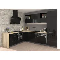 L-Form Küchenzeile ESSEN Arbeitsplatte 214x290cm lava Front schwarz Acryl Hochgl