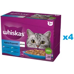 WHISKAS Adult 48x85g: Nassfutter für adulte Katzen mit Lachs, Thunfisch, Kabeljau, und weißen Fischen in Gelee