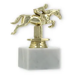Pokal Kunststofffigur Springreiten gold auf weißem Marmorsockel 12,8cm