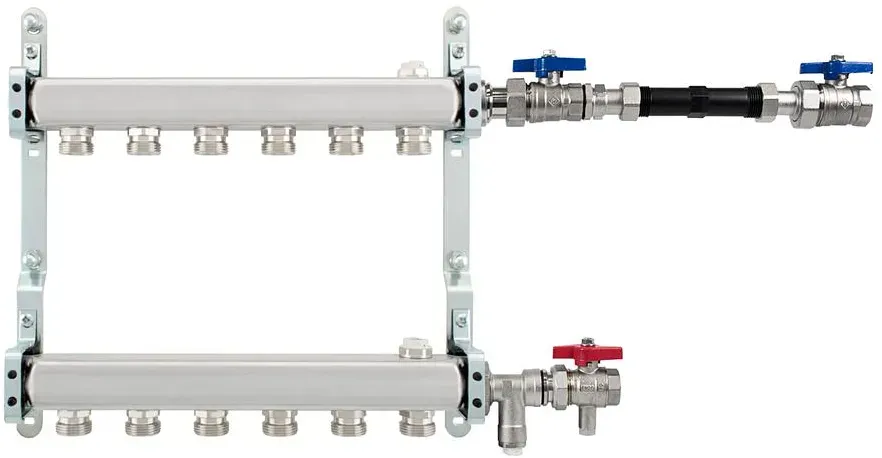 Heizkreisverteiler für Heizkörper, Komplettset, Edelstahl, waagrecht mit Wärmemengenzählereinbausatz (Ausführung: 9-fach. 3/4'' waagrecht mit WZE)