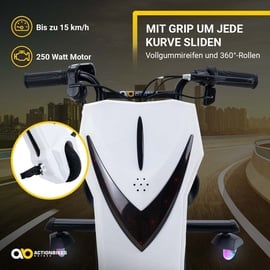 Actionbikes Motors Elektro-Drift-Trike für Kinder, Drift-Scooter, bis zu 15km/h, drosselbar, Hupe, LED-Driftrollen 360° (Weiß Matt)