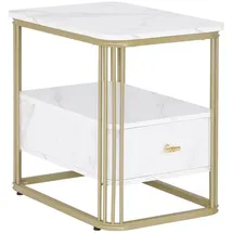 M MCombo Beistelltisch mit Schublade, Modern Sofatisch Marmor Weiß Gold, Klein Kaffeetisch Metallgestell, Nachttisch mit 2 Ablagen, Couchtisch für Wohnzimmer, 2138