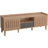 Mendler TV-Rack HWC-M48, Lowboard TV-Schrank, Schiebetür Mango-Massivholz 56x150x40cm ~ beige, Schublade grau