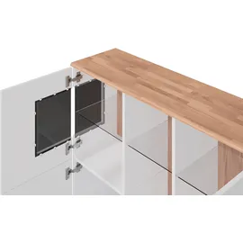 OTTO home Highboard OTTO HOME "Ribe,120cm breit,112cm hoch,Oberplatte massiv,12 Fächer", weiß (weiß, kernbuche), B:120cm H:112cm T:35cm, Sideboards, Highboard, Oberplatte Massivholz,schwarze Metall Griffe,2 Türen mit Glaseinsatz