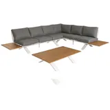 Mendler Aluminium Garten-Garnitur HWC-M62, Sitzgruppe Garten-/Lounge-Set Sofa, Holzoptik ~ Gestell weiß, Polster hellgrau