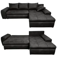 luma-home Ecksofa mit Schlaffunktion und Bettkasten 266/186/90 cm, Ottomane rechts, Mikrofaser Leder-Optik Schwarz / 18013