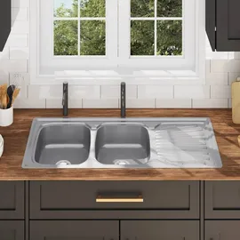 vidaXL Küchenspüle Doppelbecken mit Sieb & Siphon Edelstahl