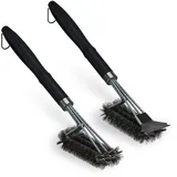 Relaxdays Set of 2 Grill Brushes Grillbürste Edelstahl 2er Set, Grillrost-Bürste mit Schaber, 45 cm lang, Profi Drahtbürste dreireihig, schwarz