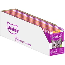 Whiskas 1+ Katzenfutter Hühnchen in Gelee, 28x85g (1 Packung) – Hochwertiges Nassfutter für ausgewachsene Katzen in 28 Portionsbeuteln
