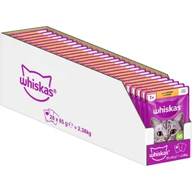 Whiskas 1+ Katzenfutter Hühnchen in Gelee, 28x85g (1 Packung) – Hochwertiges Nassfutter für ausgewachsene Katzen in 28 Portionsbeuteln