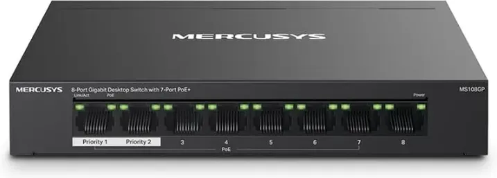 Mercusys MS108GP PoE Switch 8-Port Gigabit LAN Switch mit 7 PoE+ Ports, bis zu 30 W pro PoE-Port und 65 W für alle PoE-Ports, 802.3af/at PoE, lüfterlos, Plug-and-Play, Robustes Metallgehäuse