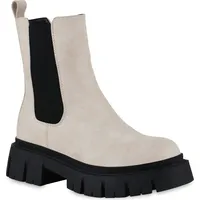 VAN HILL Damen Plateau Boots Stiefeletten Profil-Sohle Stiefel Schuhe 839534, Farbe: Beige Schwarz, 38 - 38