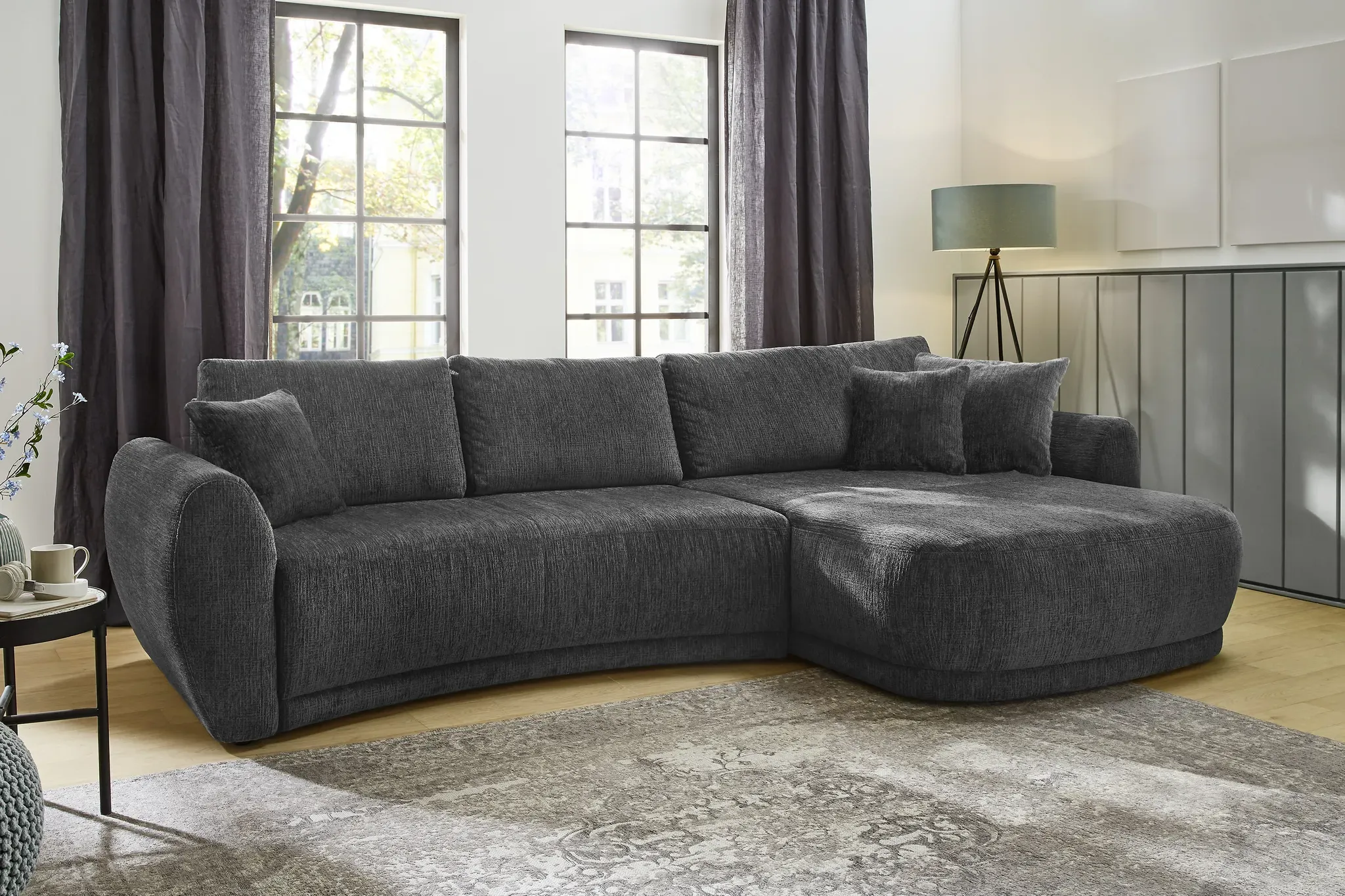 Ecksofa JOCKENHÖFER GRUPPE "Laguna L-Form mit Federkernpolsterung" Sofas Gr. B/T: 325cm x 110cm, Chenille, Ottomane beidseitig montierbar, grau in einer soften, ansprechenden Optik, linksrechts montierbar