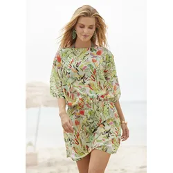 Tunika S.OLIVER, Damen, Gr. 36/38, grün (grün bedruckt), Chiffon, Obermaterial: 100% Polyester, bedruckt, casual, figurumspielend kurz, U-Boot-Ausschnitt, Kurzarm, Tuniken, mit Blätterdruck, Strandmode, modisches Sommerkleid