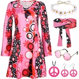 Hippie Kostüm Damen Kleid Set mit 70er Jahre Kleid Hippie Accessoires 60er 70er Jahre Outfit Damen Party Disco Karneval 70er Kostüm Hippie kleidung Damen Frau 70er Jahre Bekleidung Damen(XXL)