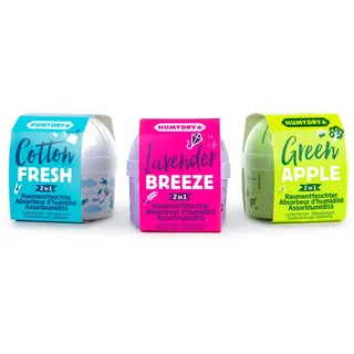 3er-Set HUMYDRY® Mini 75g Luftentfeuchter MIX - 2 in 1: Luftentfeuchter und Lufterfrischer in Einem - Absorbiert zu hohe Luftfeuchtigkeit und verleiht gleichzeitig einen angenehmen Duft