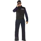 Black cat Polizei Kostüm Herren Karneval SWAT Uniform 3 teilig bestehend aus Weste Overall Mütze in Einheitsgröße (One Size, Gr. S-M) Fasching Verkleidung