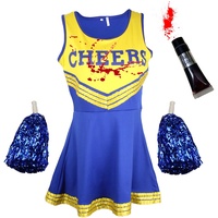 Zombie-Cheerleader-Kostüm mit Kunstblutröhrchen, „totes Cheerleader“-Outfit für Damen, Mädchen oder Kinder zu Halloween, Blau-Gelb, Größe L