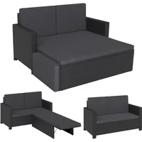 STEELSØN Gartenbank Elnath 2in1 Polyrattan, Gartensofa für 2 Personen mit Liegefunktion, Balkonmöbel mit Hocker 2er Sofa mit Polster wetterfest, Terrassenmöbel in schwarz/anthrazit 73x65x130 cm HxTxB