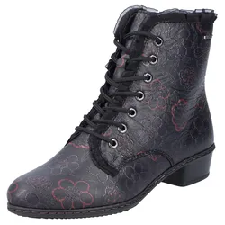 Schnürstiefelette RIEKER, Damen, Gr. 42, schwarz (schwarz multi), Lederimitat, geblümt, klassisch, Schuhe, Schnürboots, Trachtenstiefelette, Blockabsatz, Rüschchen-Verzierung