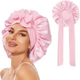 Catelves Seidenhaube zum Schlafen Lange Haare, Silk Bonnet Weiche und Bequeme, Bonnet Seide, Hair Bonnet, Schlafhaube Seide für Verstellbares Breites Band zur Befestigung am Kopf(Rosa)