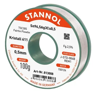 Stannol Kristall 611 Fairtin Lötzinn, bleifrei bleifrei Sn96,5Ag3Cu0,5 100g 0.5mm