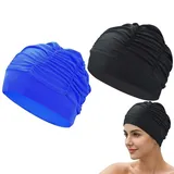 2 Stück Damen Badekappen, Atmungsaktive Schwimmkappen aus Polyester, Elastische & Faltenoptik Badehauben, Extra Groß für Lange Haare, Chlorbeständig, Geeignet für Hallenbad & Urlaub