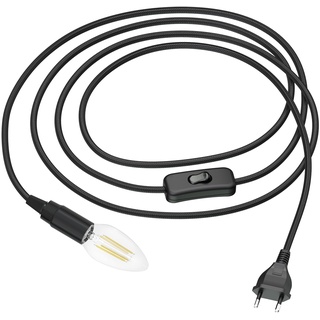 ledscom.de Textilkabel LEHA mit Stecker und Schalter schwarz 3 m inkl. E14 LED Lampe 3,567W 452lm, warmweiß