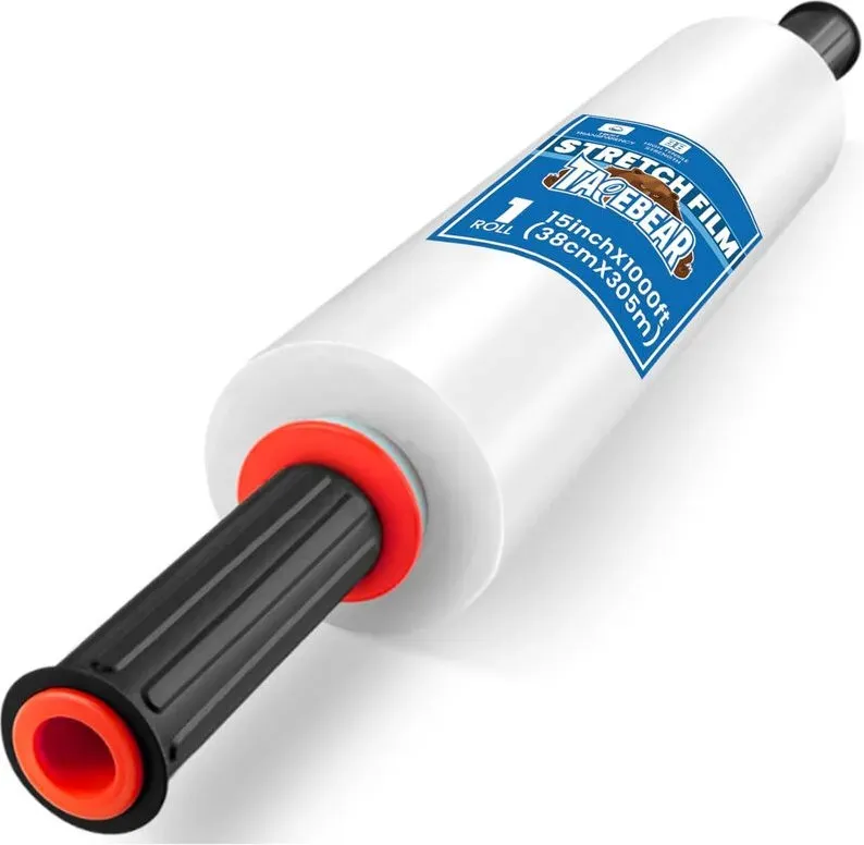 TAPEBEAR Stretchfolie 80 Gauge, 380 mm x 305 m, 1 Rolle – Shrink-/Stretchfolienrolle mit Tragegriffen, selbstklebendes Kunststoffband in Industriequalität für Palettenverpackung, Umzug und Gepäck