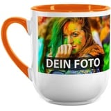 Elegante Fototasse selbst gestalten - mit Foto & Text Personalisieren - Edle Tasse mit abgerundetem Boden - Keramik Innen & Henkel Orange, 250ml