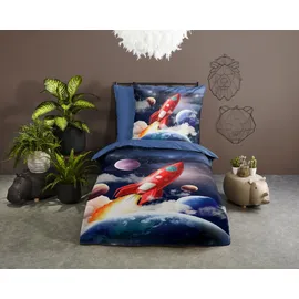 PURE luxury collection Rocket Weltraum Blau 135 x 200 cm + 2 x 80 x 80 cm