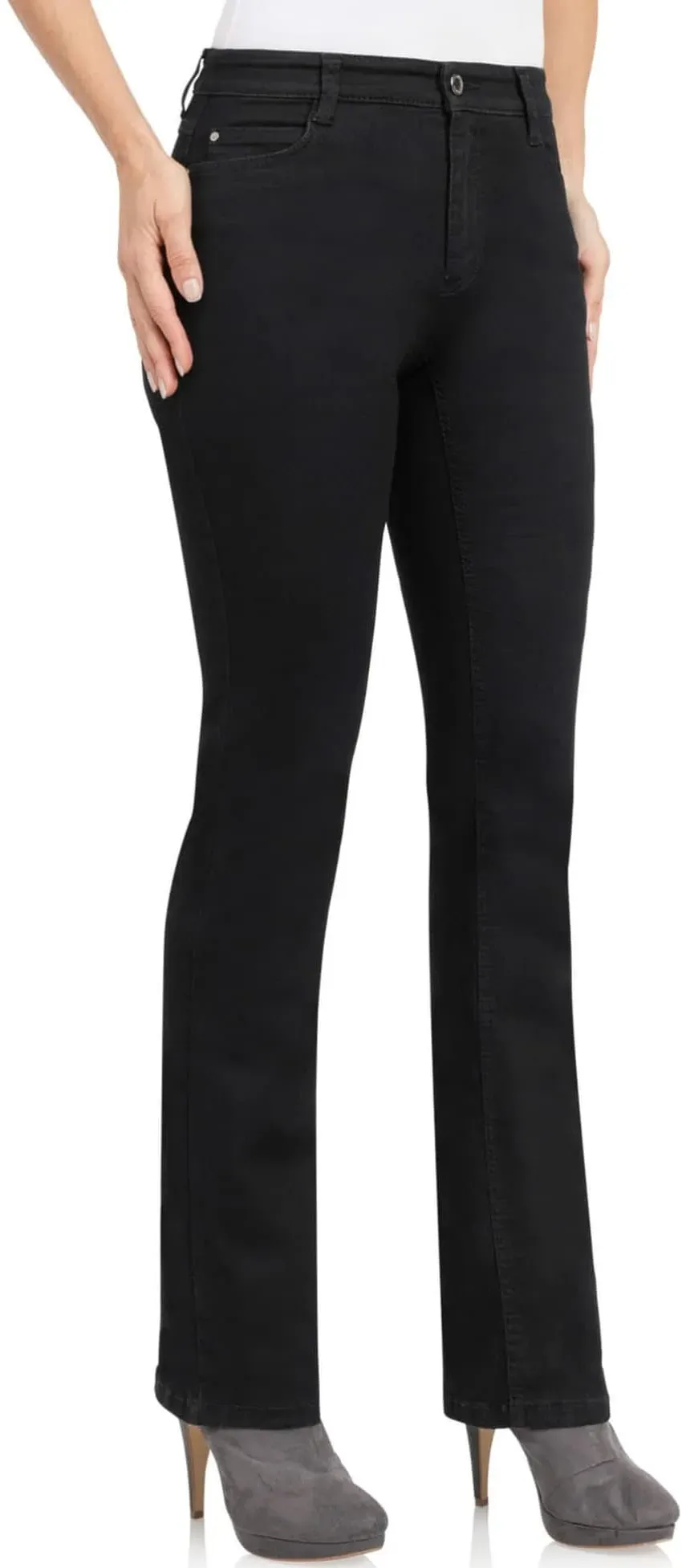 Bootcut-Jeans WONDERJEANS, Damen, Gr. 44, Länge 32, schwarz (forever pure schwarz), Denim/Jeans, Obermaterial: 65% Baumwolle, 30% Polyester, 5% Elasthan, figurbetont lang, Jeans, Figurbetonte Form mit leicht ausgestelltem Bein