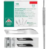 Set - 100 Stück sterile Skalpellklingen Figur 10 aus Karbonstahl - Ersatzklingen + 1 x Shehadeh - Skalpell-Halter mit rundem Griff - Edelstahl