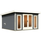 Karibu Saunahaus Mainburg 3 mit Vorraum - 38 mm terragrau Set C (Sauna B 1,34 x T 1,34 m mit 2 Liegen 57/52 cm) Ohne Ofen