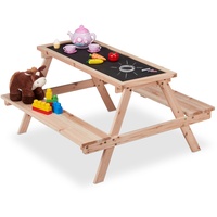 Relaxdays Kindersitzgruppe, Holz, Kindertisch mit Kreidetafel, Garten, HBT: ca. 51 x 90 x 87 cm, Maltisch, natur/schwarz