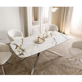 DeLife Esstisch Edge Boot 200x100 Keramik Calacatta Luxe Weiß-Gold-Grau Kreuzgestell Rechteck Edelstahl, Esstische