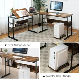 Costway L-förmiger Schreibtisch, Eckschreibtisch aus Holz mit neigbarer Tischplatte, unterem Bücherregal & CPU-Ständer, Zeichentisch Computertis... - Braun