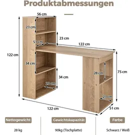 Costway Schreibtisch mit Bücherregal, Computertisch mit 6 Regalen, PC-Tisch mit Regal rechts oder Links, Bürotisch, 122 x 56 x 122 cm Natur