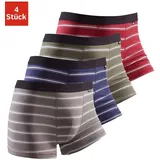 Buffalo Boxer "Boxershorts für Herren", Herren, Gr. S, 4 Stk., bunt (olivgrün, gestreift, blau, gestreift, bordeaux, gestreift, grau, gestreift), Jersey, Obermaterial: 95% Baumwolle, 5% Elasthan, gestreift, Unterhosen, mit schwarzem Webbund