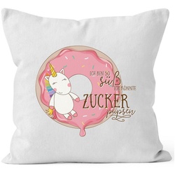 MoonWorks Dekokissen Kissenbezug Einhorn auf Donut Ich bin so süß ich könnte Zucker pupsen 40×40 Baumwolle MoonWorks® weiß